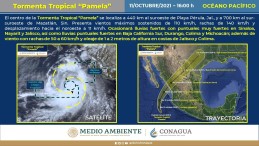 “Pamela” se localiza a 440 km al suroeste de Playa Pérula, Jalisco, y a 700 km al sursuroeste de Mazatlán, Sinaloa